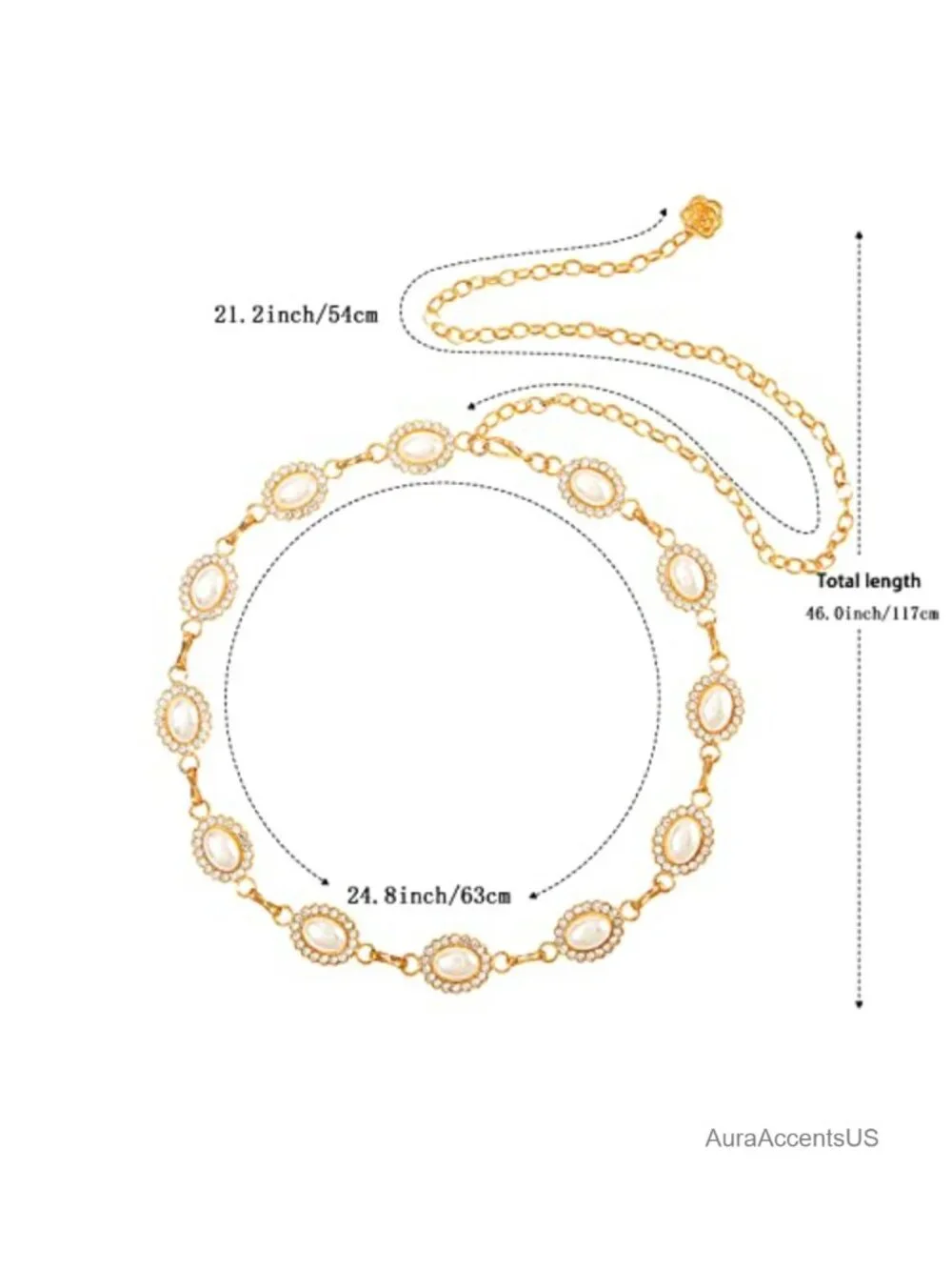 Metal Waist Chain Belt for Women - Pearls Rhinestone Gold Silver Belt for